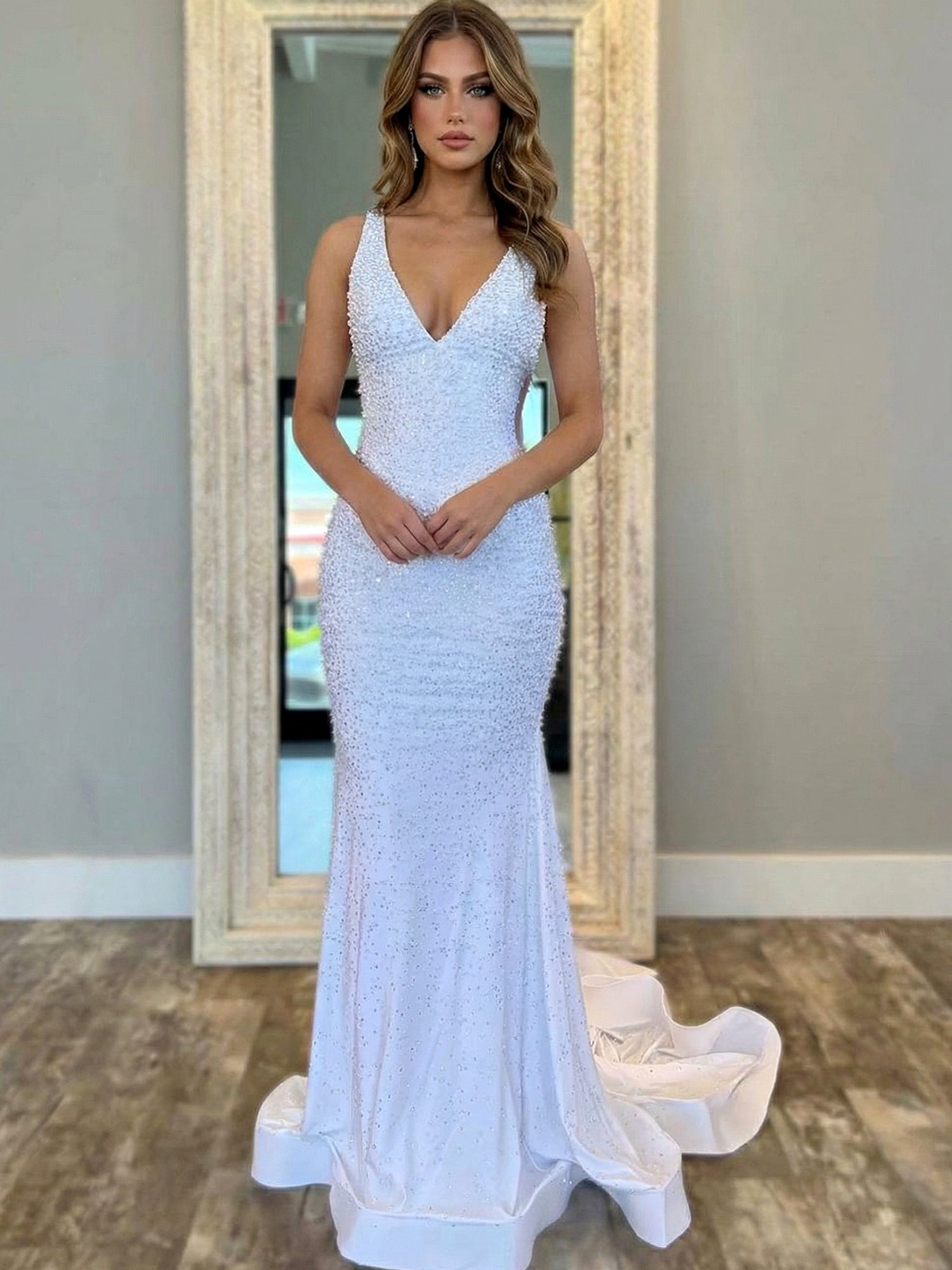 Baby Pink V-Neck Pearl Embellished Prom Dresses