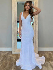 Baby Pink V-Neck Pearl Embellished Prom Dresses