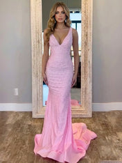 Baby Pink V-Neck Pearl Embellished Prom Dresses