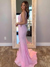 Baby Pink V-Neck Pearl Embellished Prom Dresses