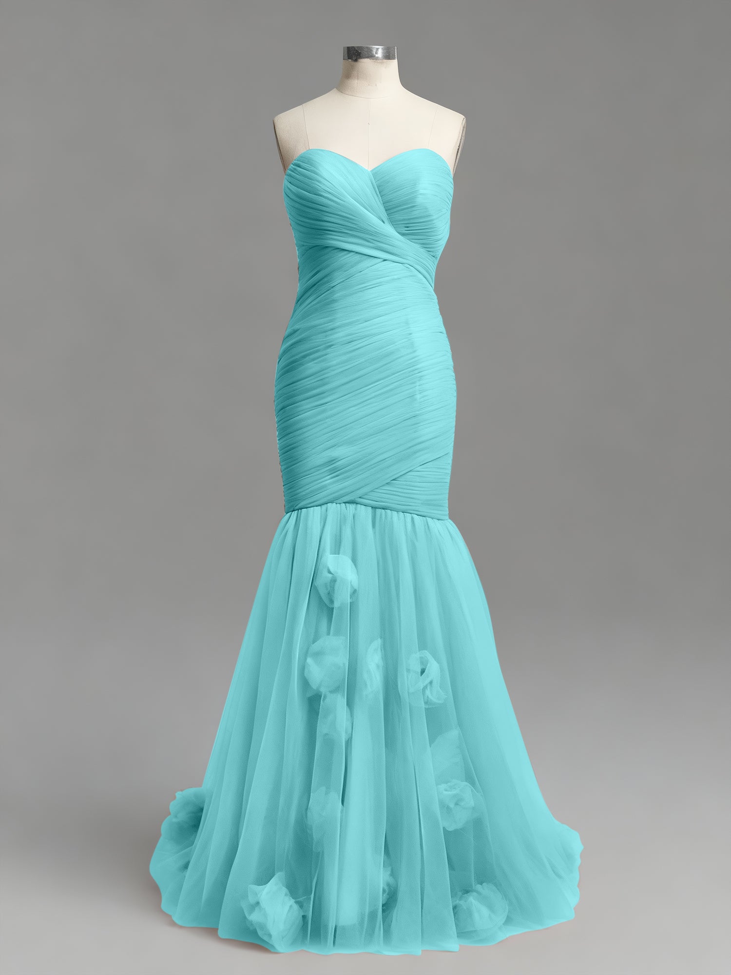 Dusty Rose Mermaid Strapless Ruched Tulle Prom Dress with 3D Floral