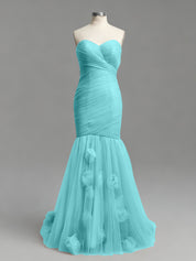 Dusty Rose Mermaid Strapless Ruched Tulle Prom Dress with 3D Floral