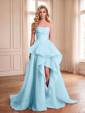 Formal Evening Tiered Dress Pink Strapless Maxi Gown