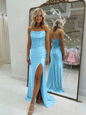 Bodycon Scoop Neck Satin Long Prom Dress with Slit