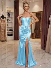 Burgundy Satin Corset Rhinestone Trim Floor-Length Prom Dress with Thigh Slit