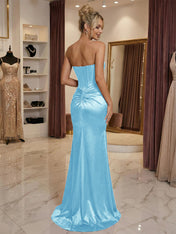 Burgundy Satin Corset Rhinestone Trim Floor-Length Prom Dress with Thigh Slit