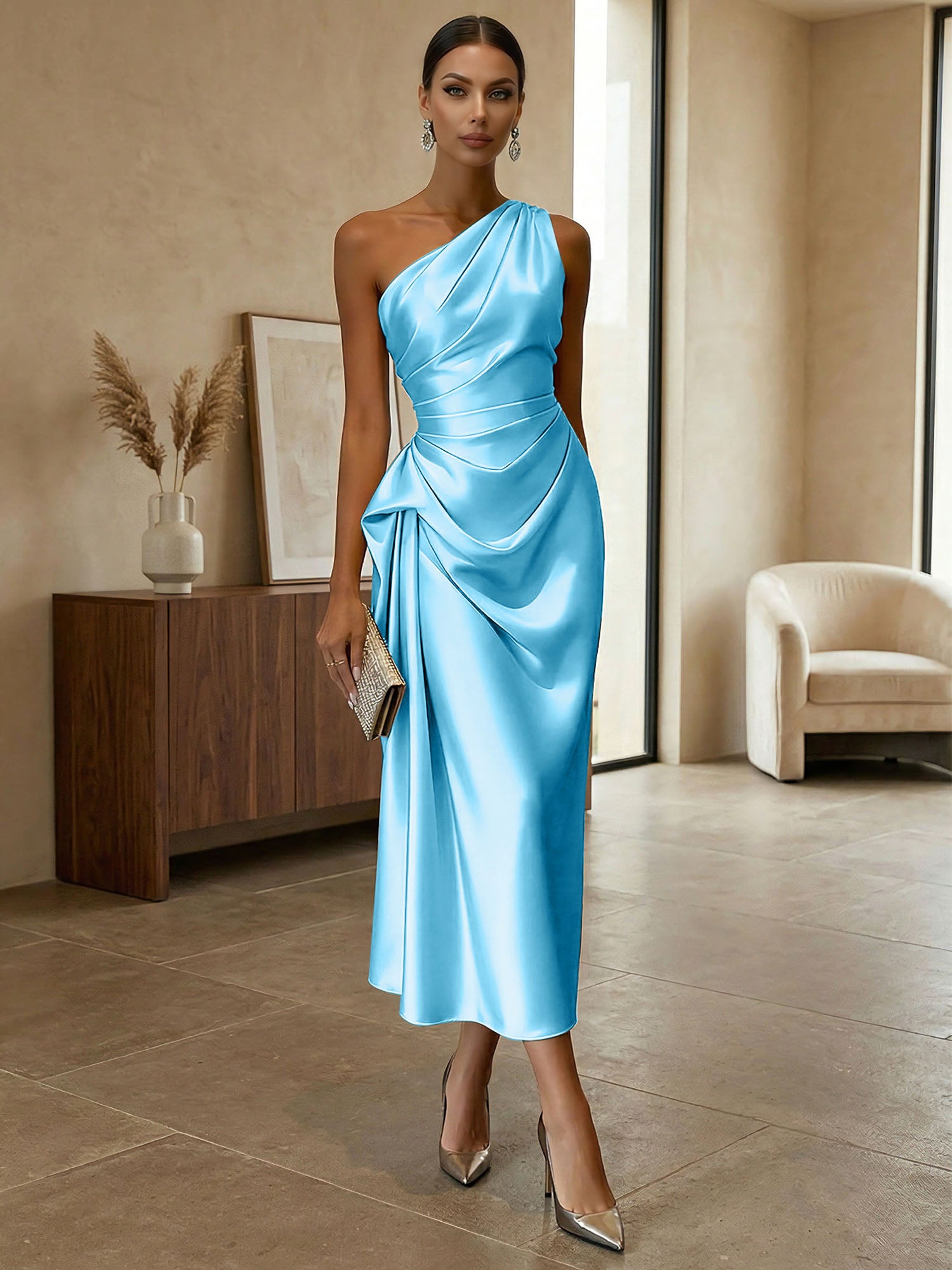 Champagne Ruched Satin One Shoulder Sleeveless Sheath Midi Dress
