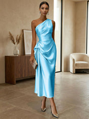 Champagne Ruched Satin One Shoulder Sleeveless Sheath Midi Dress