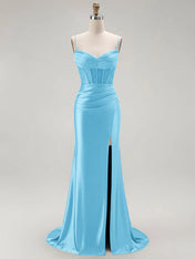 Sparkly Satin Mermaid Long Corset Prom Dress with Beading