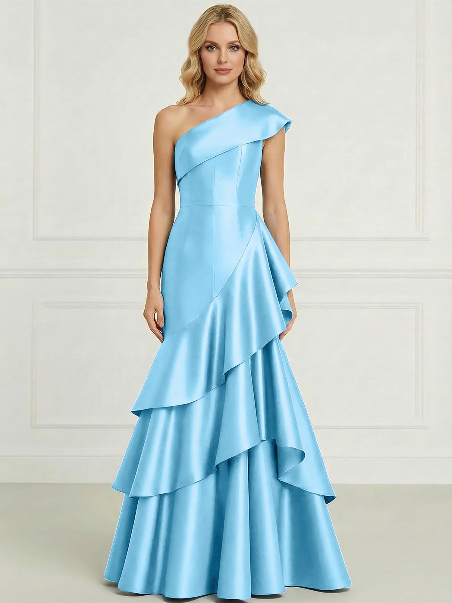 Formal Evening Dress Dark Blue One-Shoulder Satin Tiered Maxi Gown