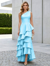 One Shoulder Tiered Ruffle Satin Mermaid Evening Gown with Sculptural Layers