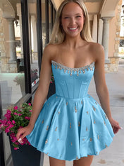 Sparkly Satin A Line Short Corset Homecoming Dress with Rhinestones
