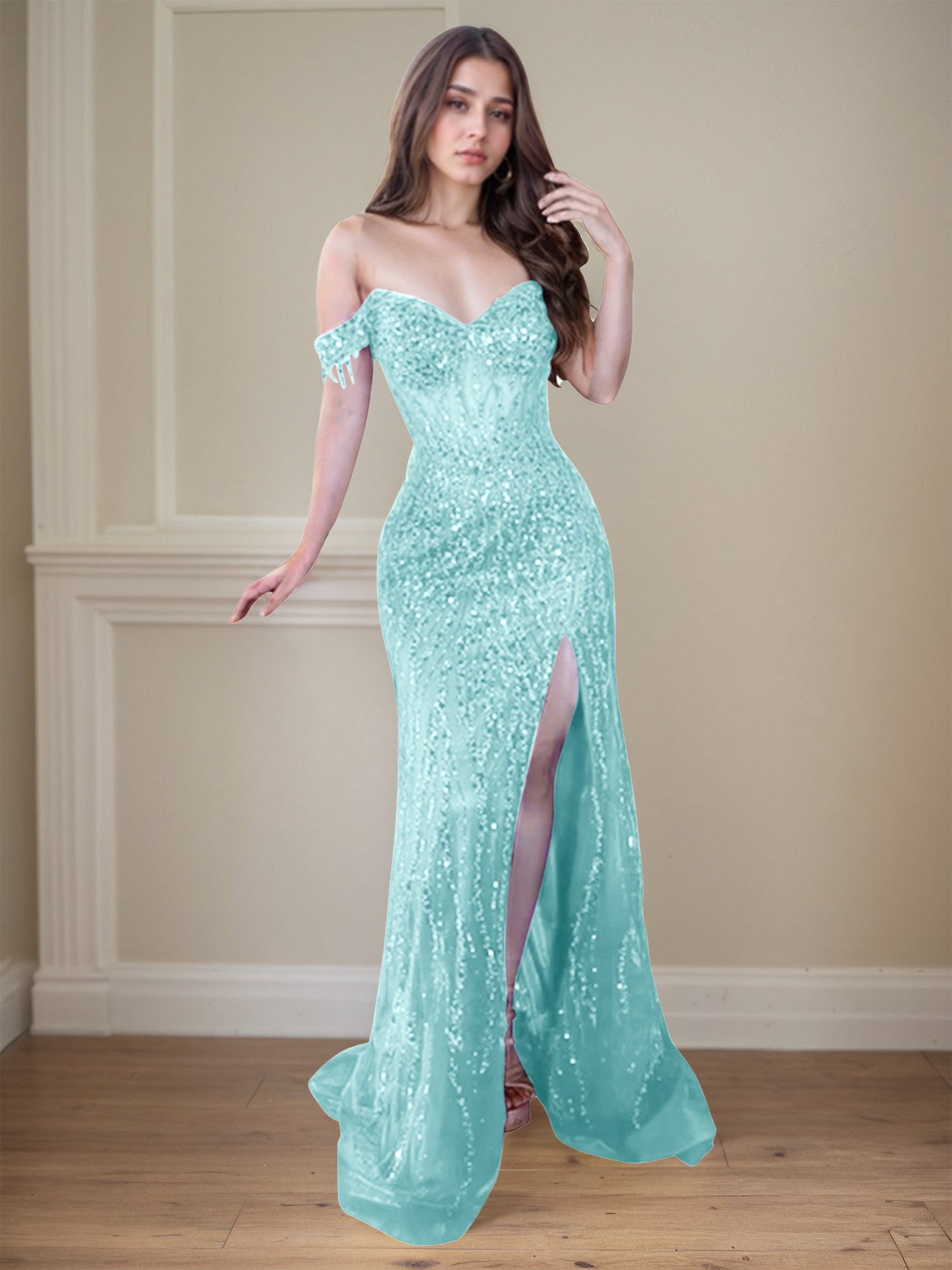 Red Off-the-Shoulder Beaded Tulle Long Prom Dress with Swirling Sequins