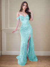 Red Off-the-Shoulder Beaded Tulle Long Prom Dress with Swirling Sequins