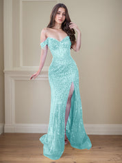 Red Off-the-Shoulder Beaded Tulle Long Prom Dress with Swirling Sequins