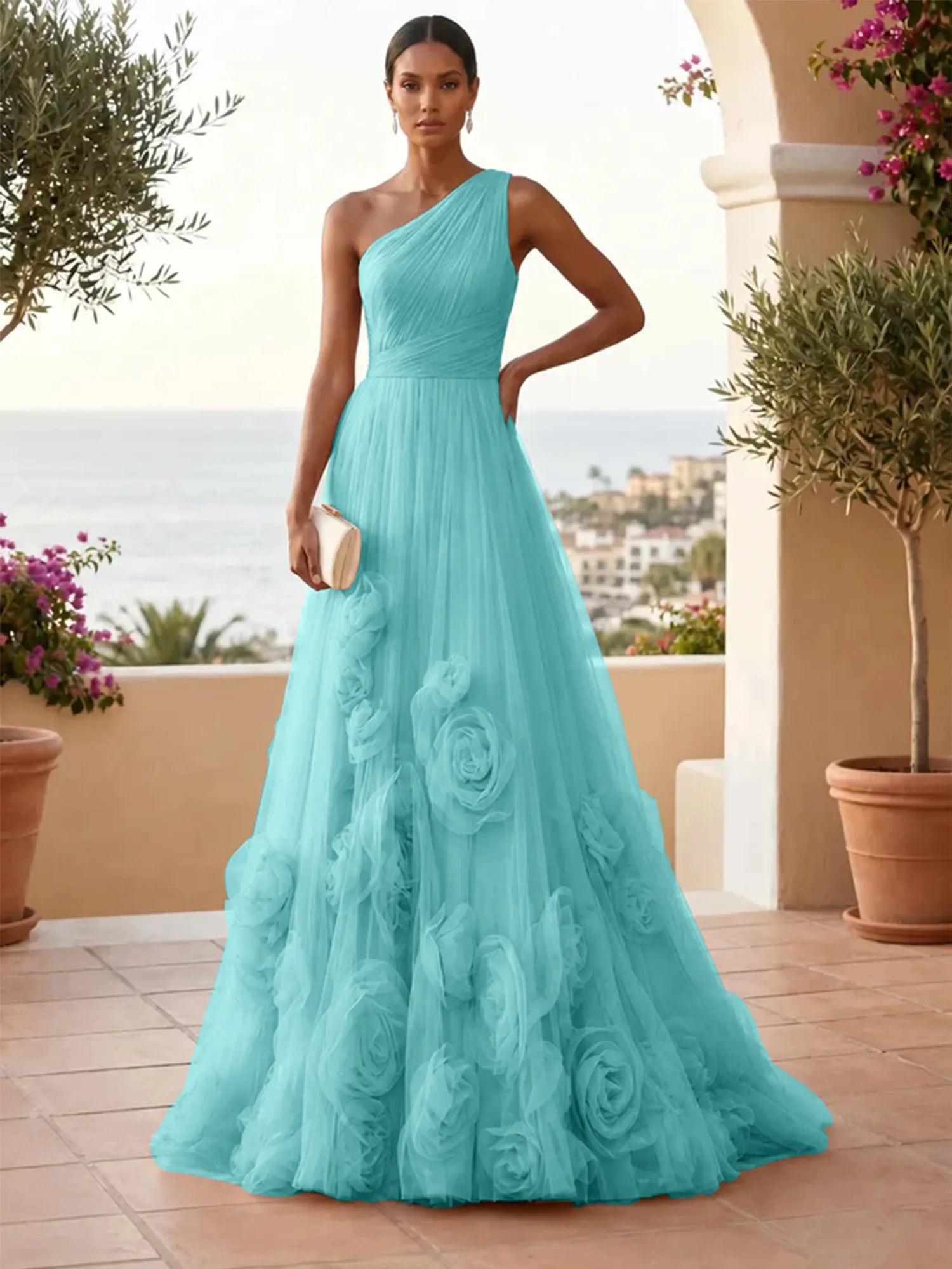 One-Shoulder Sweetheart Tulle Ball Gown with 3D Floral Accents Evening Dresses