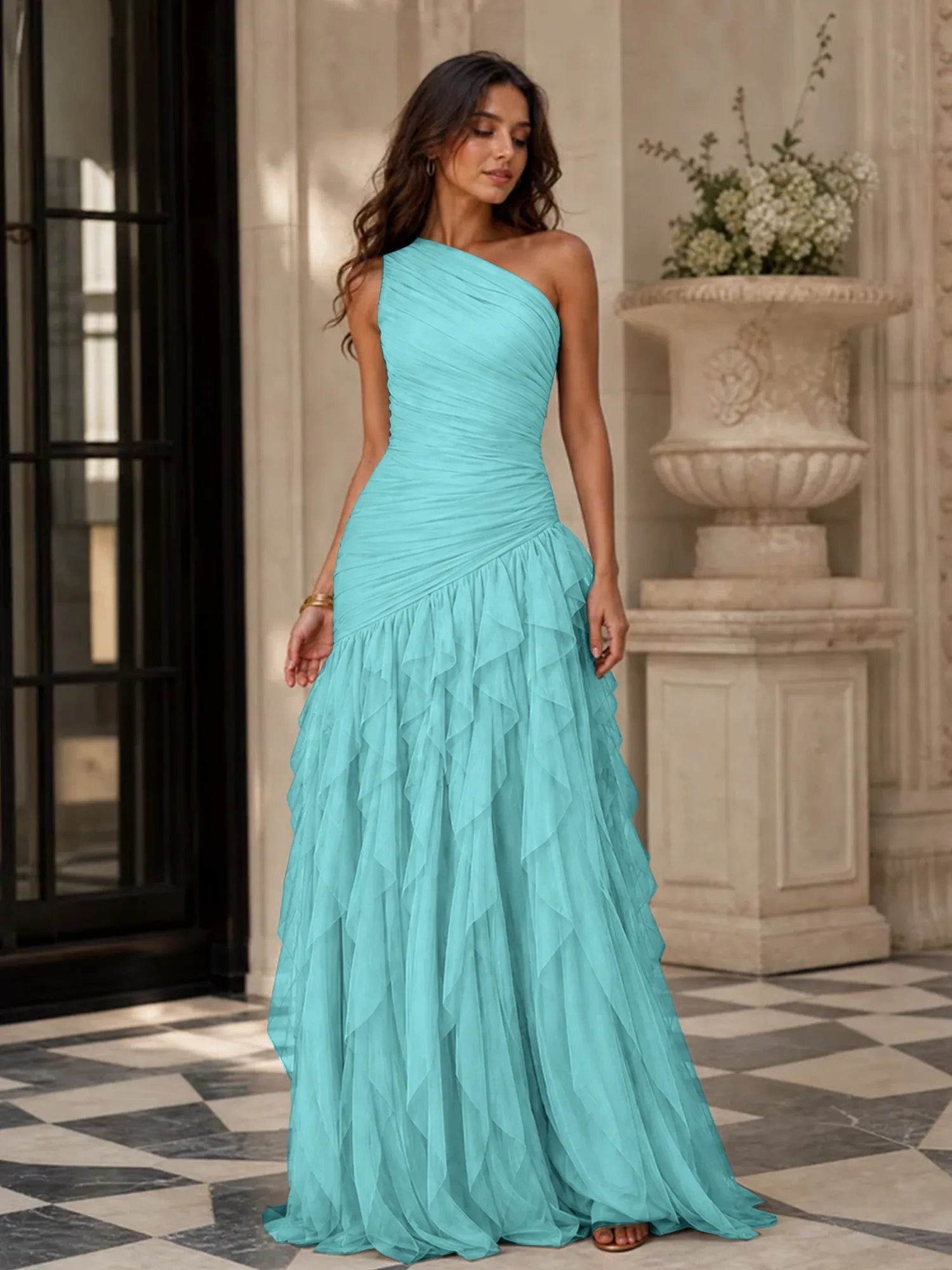 Emerald Green One-Shoulder Ruched Asymmetric Ruffle Chiffon Floor-Length Gown Dress