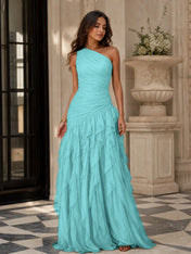 Emerald Green One-Shoulder Ruched Asymmetric Ruffle Chiffon Floor-Length Gown Dress