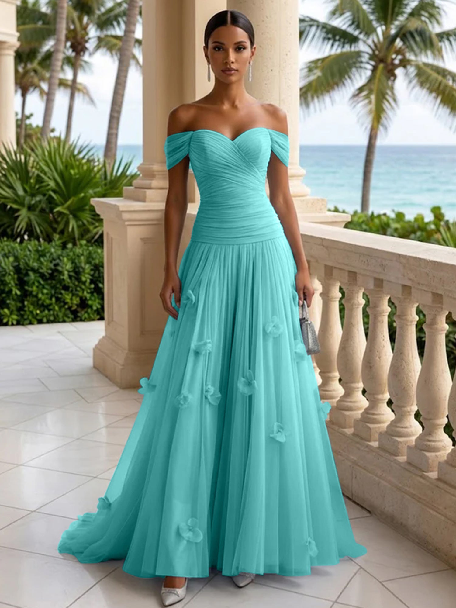 Light Blue Evening Dress with 3D Flower Off The Shoulder Pleat Maxi Dress