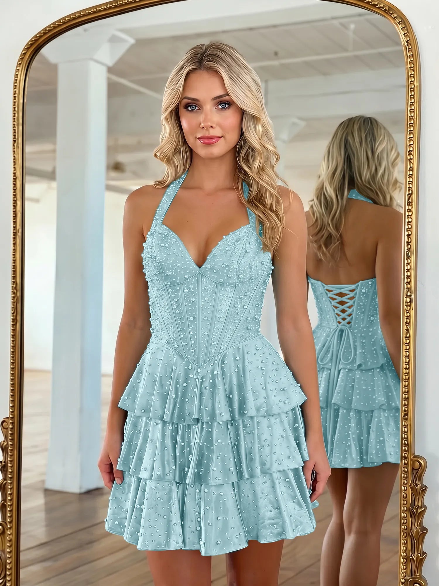 Halter Neck Pearl Beaded Tiered Short Homecoming Dresses