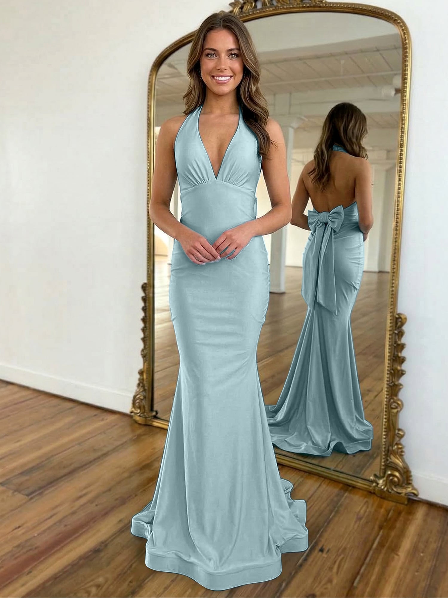 Light Blue Mermaid Halter Backless Long Prom Dress