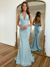 Light Blue Mermaid Halter Backless Long Prom Dress