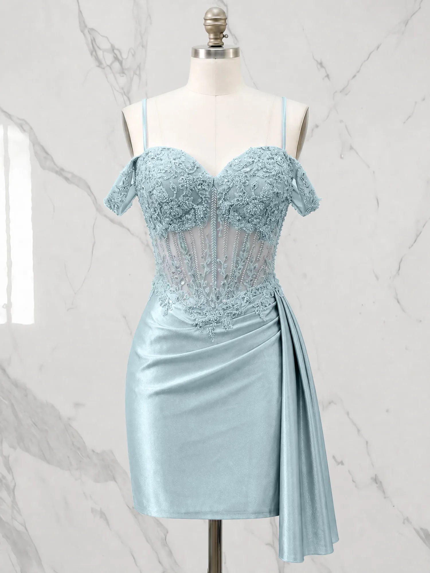 Sweetheart Sheer Corset Mini Dress with Cascading Side Drape Homecoming Dresses