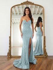 Navy Blue Strapless Sequin Prom Dress with Linear Beading