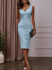 Pink Lace Hotfix Embellished Classic V Neck Sleeveless Sheath Midi Dress