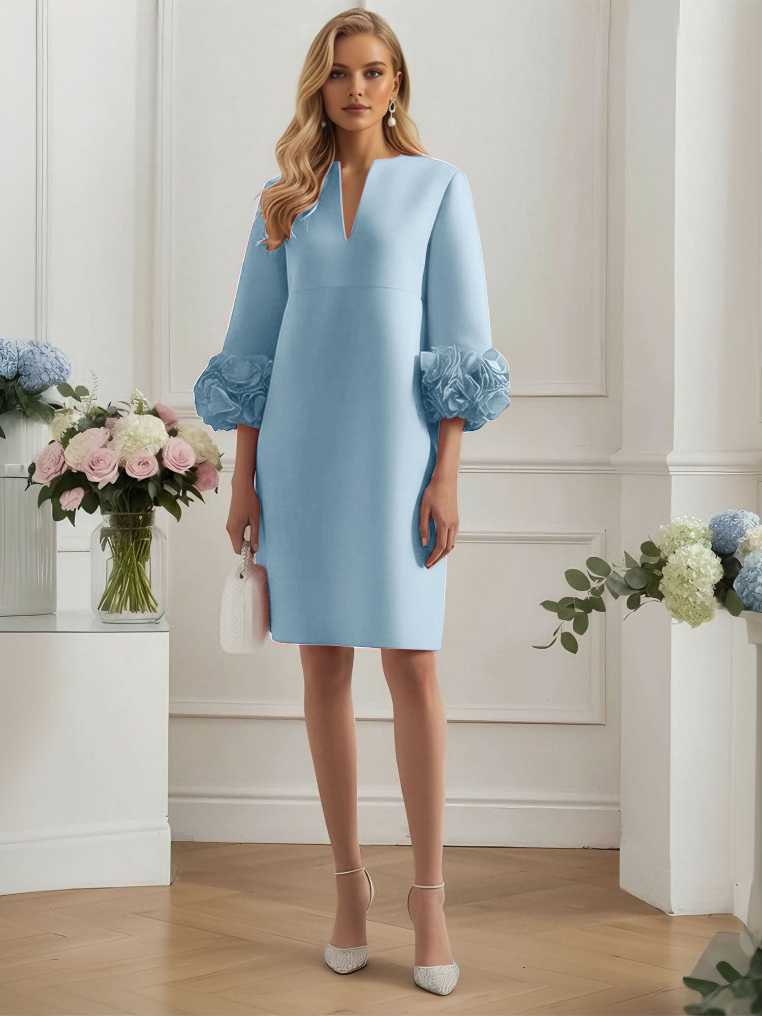 3D Floral Classic Notched Long Sleeve A-Line Midi Dress