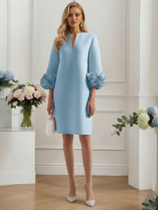 3D Floral Classic Notched Long Sleeve A-Line Midi Dress