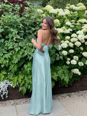 Blue A Line V-neck Beaded Back Tie Long Prom Dress