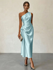 Champagne Ruched Satin One Shoulder Sleeveless Sheath Midi Dress