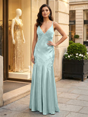 Green Appliques Soft Satin Long Prom Party Dress
