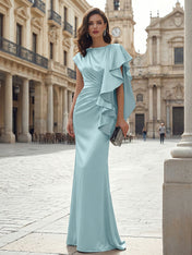 Elegant Formal Evening Dress Moonlight Silver Asymmetrical Ruffle Satin Gown