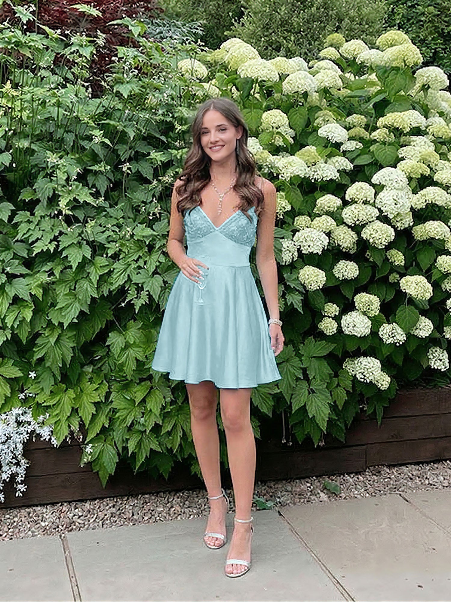 Blue A Line V-neck Beaded Back Tie Short Homecoming Mini Dress