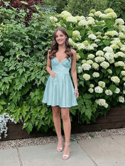 Blue A Line V-neck Beaded Back Tie Short Homecoming Mini Dress
