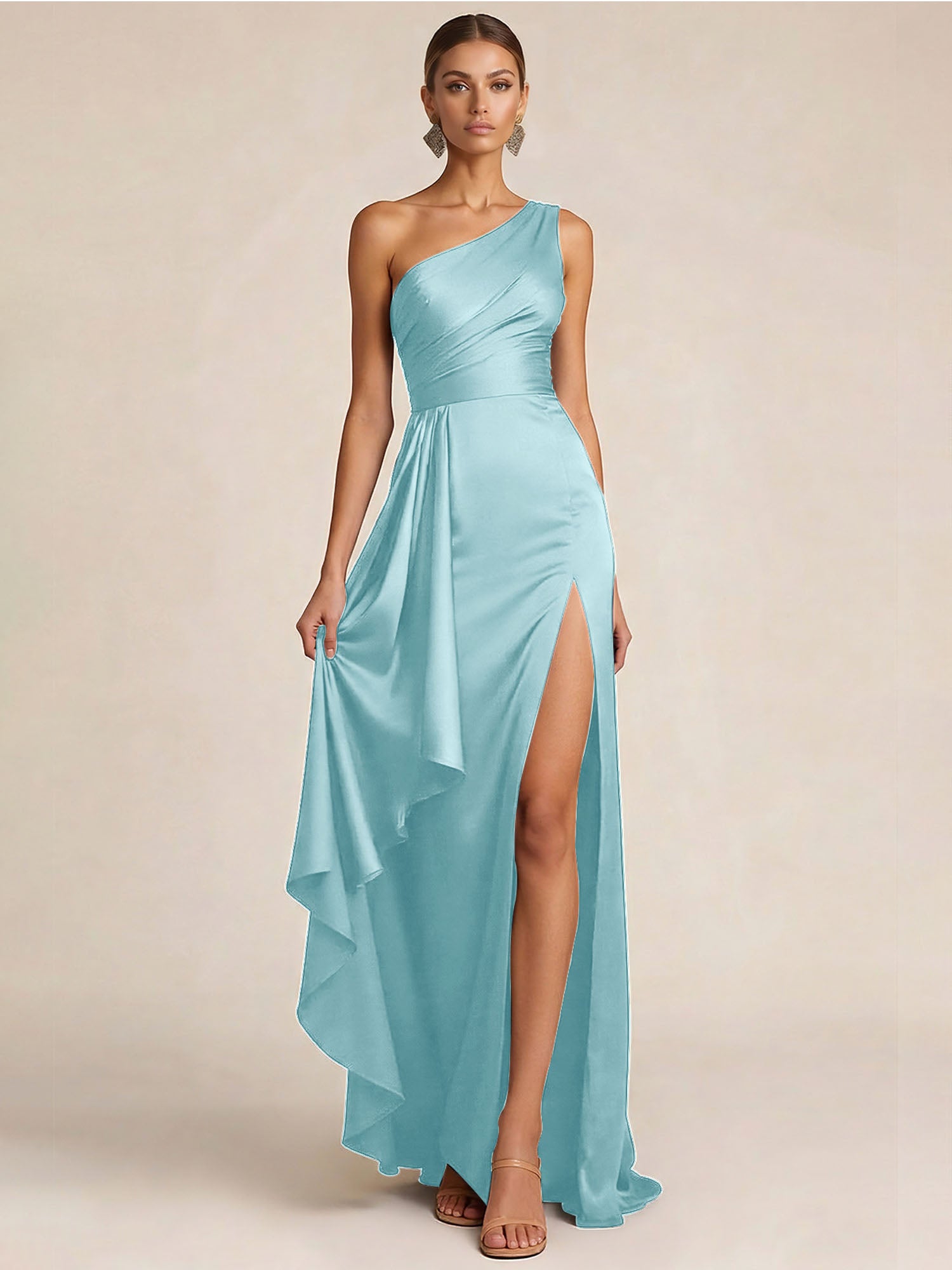 Sleek Foraml Evening Gown Midnight Navy One-Shoulder Satin Slit Maxi Dress