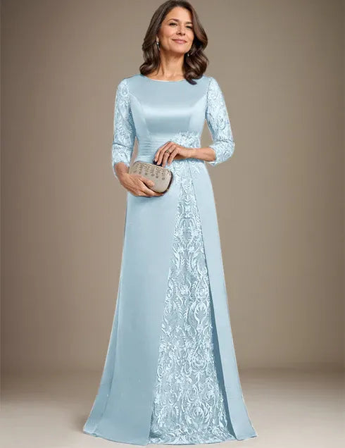 Robe de mère de la mariée en satin et dentelle, coupe trapèze, longueur au sol, avec appliques 