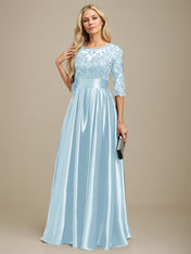 A-line Scoop Illusion Floor-Length Stretch Satin Lace Mother of the Bride Dress With Bow Sequins
