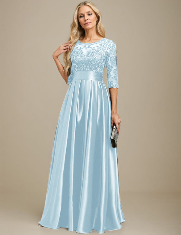 A-line Scoop Illusion Floor-Length Stretch Satin Lace Mother of the Bride Dress With Bow Sequins