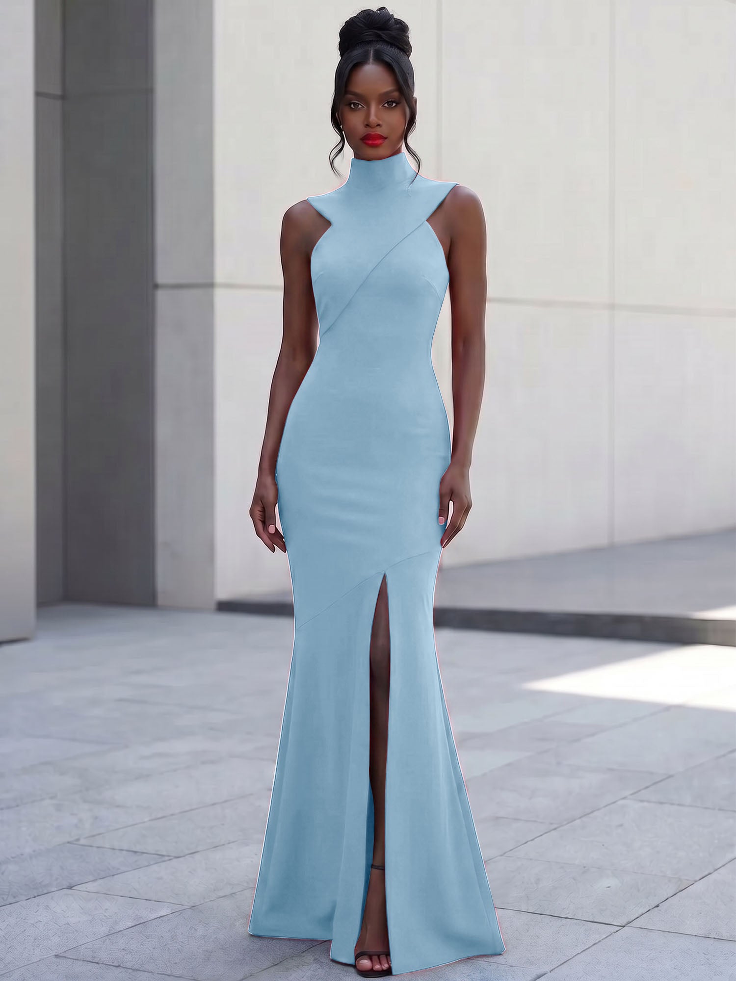 High-Neck Cross-Bodice Sleeveless Maxi Dress