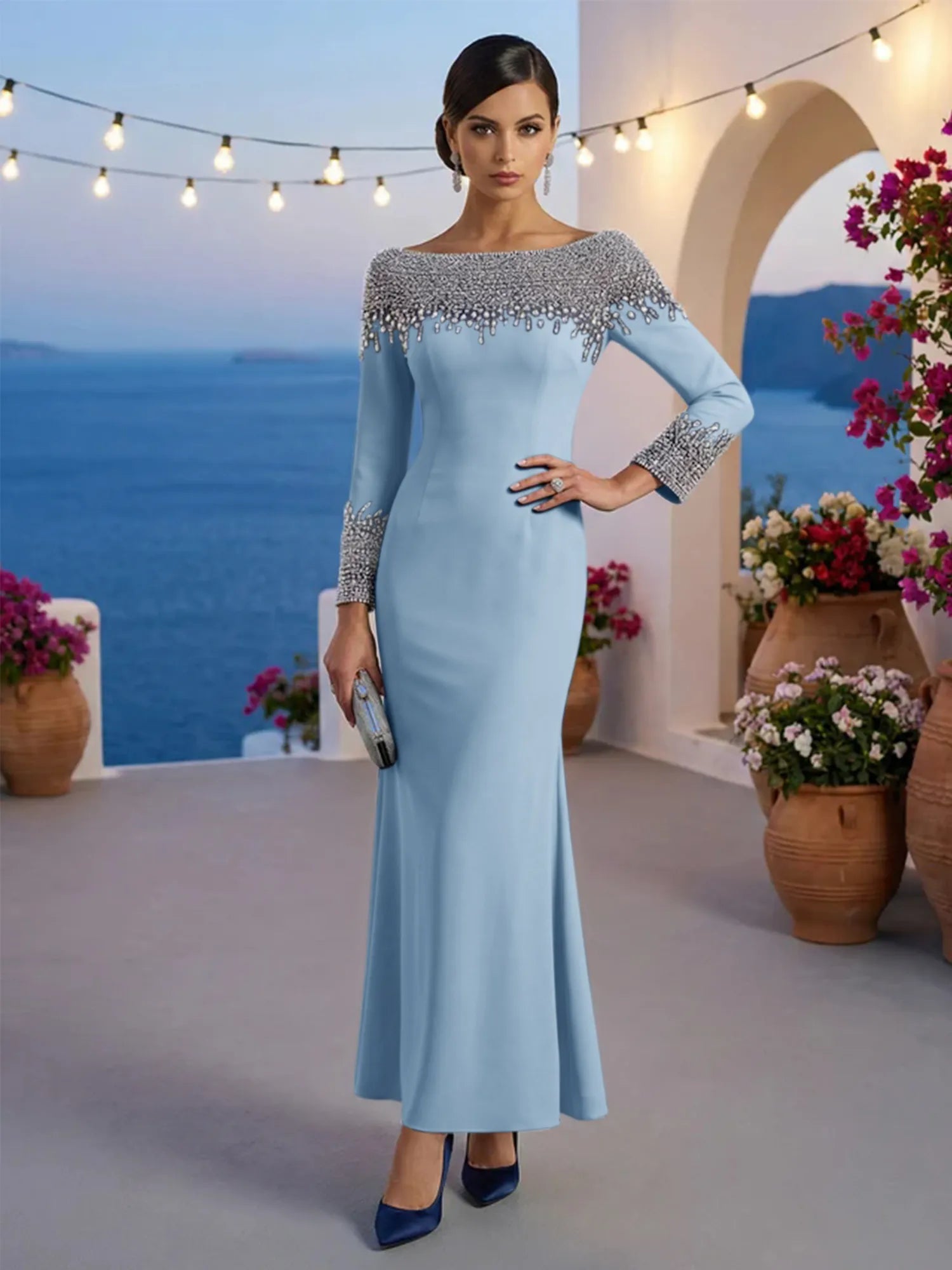 Formal Evening Dress Blue Velvet Long Sleeves Maxi Dress with Crystal
