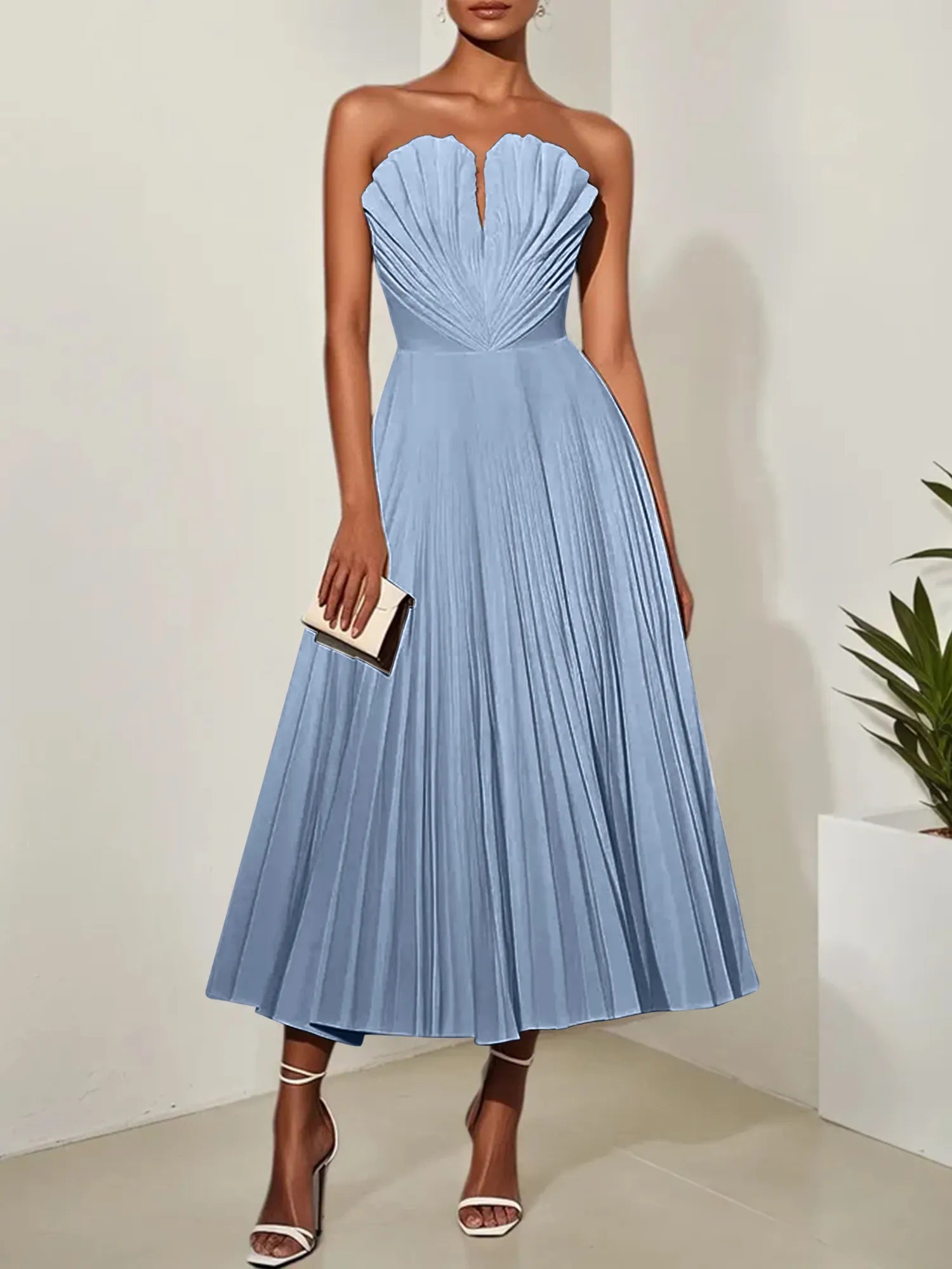 White Pleated Classic Strapless Sleeveless A-Line Midi Dress
