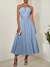 White Pleated Classic Strapless Sleeveless A-Line Midi Dress
