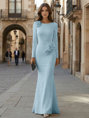 Elegant Pure White Formal Evening Dress Long-Sleeve 3D Floral Crepe Maxi Dress Gown
