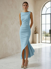Elegant Formal Evening Gown Butter Yellow Ruched Asymmetrical Midi Dress