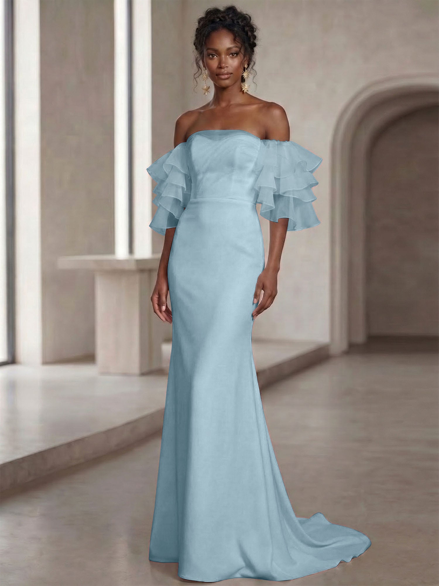 White Mermaid Off the Shoulder Ruffled Long Wedding Reception Dress