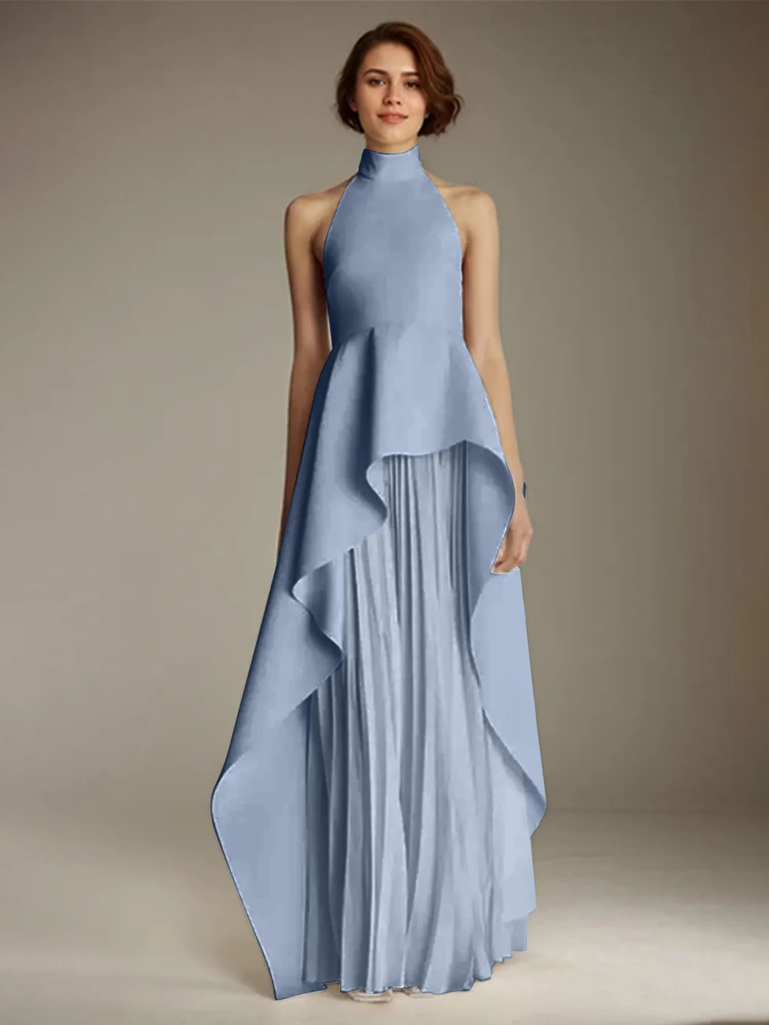 White Sleeveless High Neck Chiffon Long Formal Dress With Ruffles
