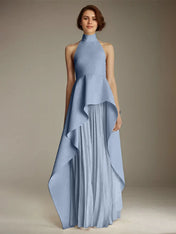 White Sleeveless High Neck Chiffon Long Formal Dress With Ruffles